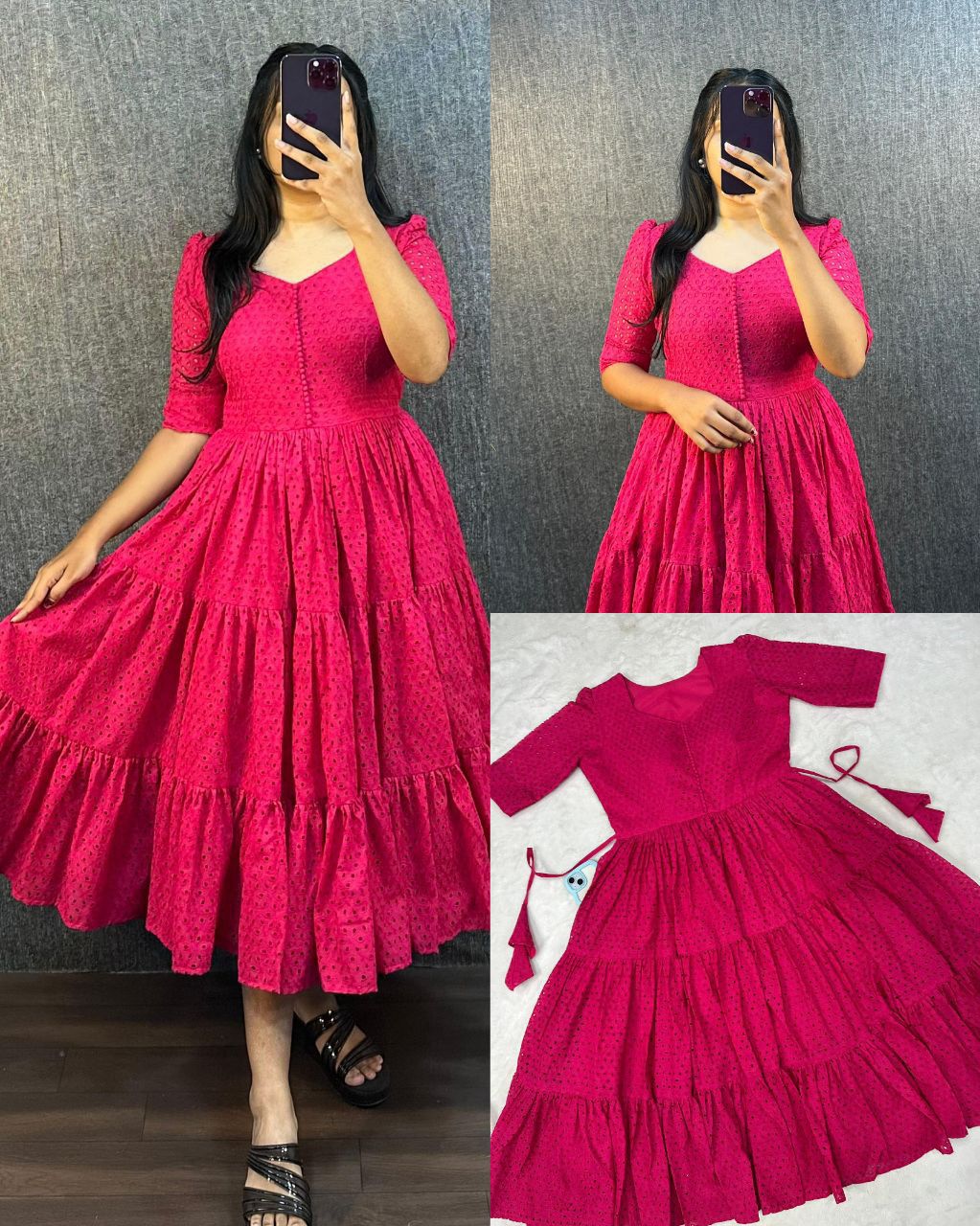 Pink Eyelet Cotton Midi Dress