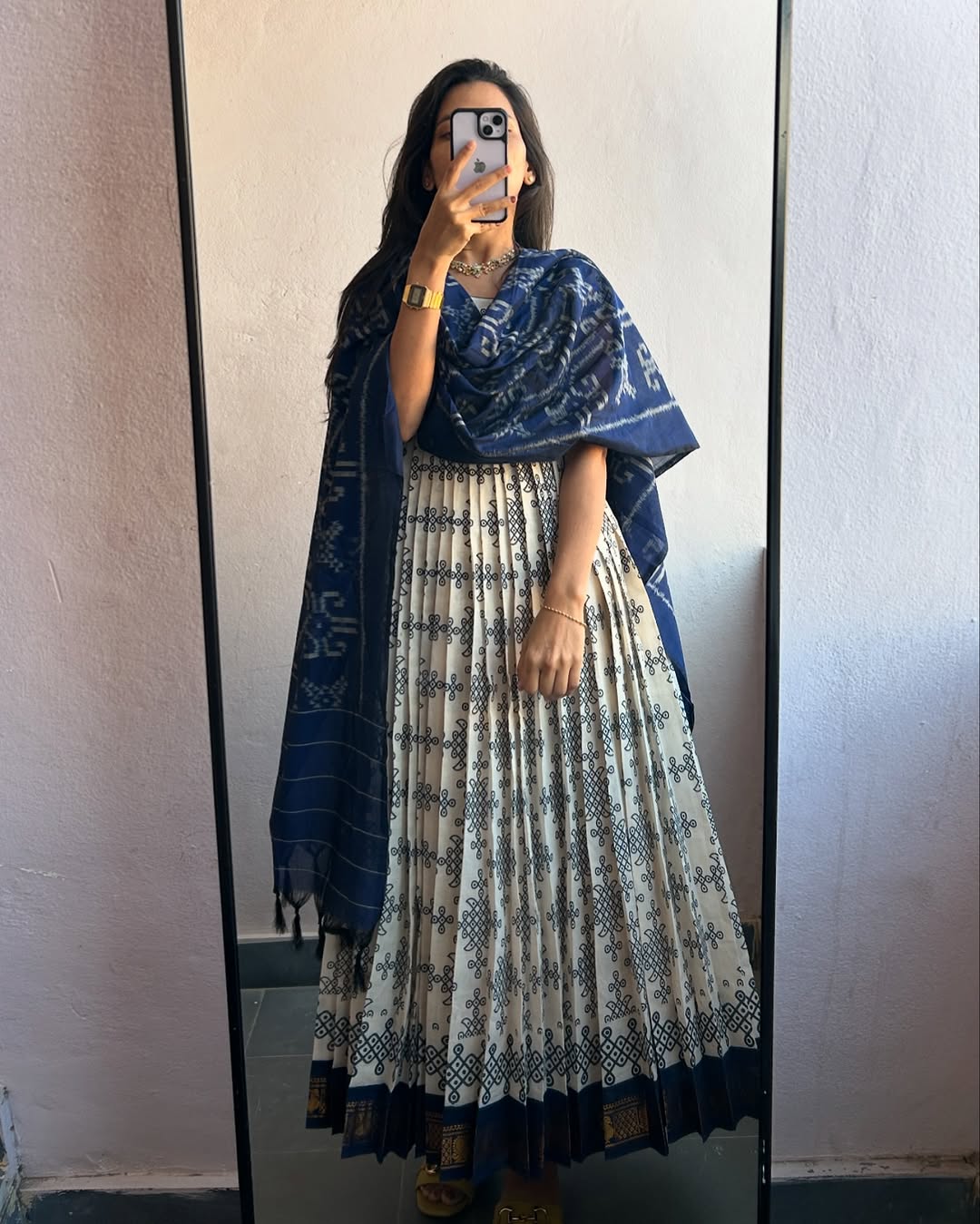 Indigo Handblock Anarkali with Dupatta
