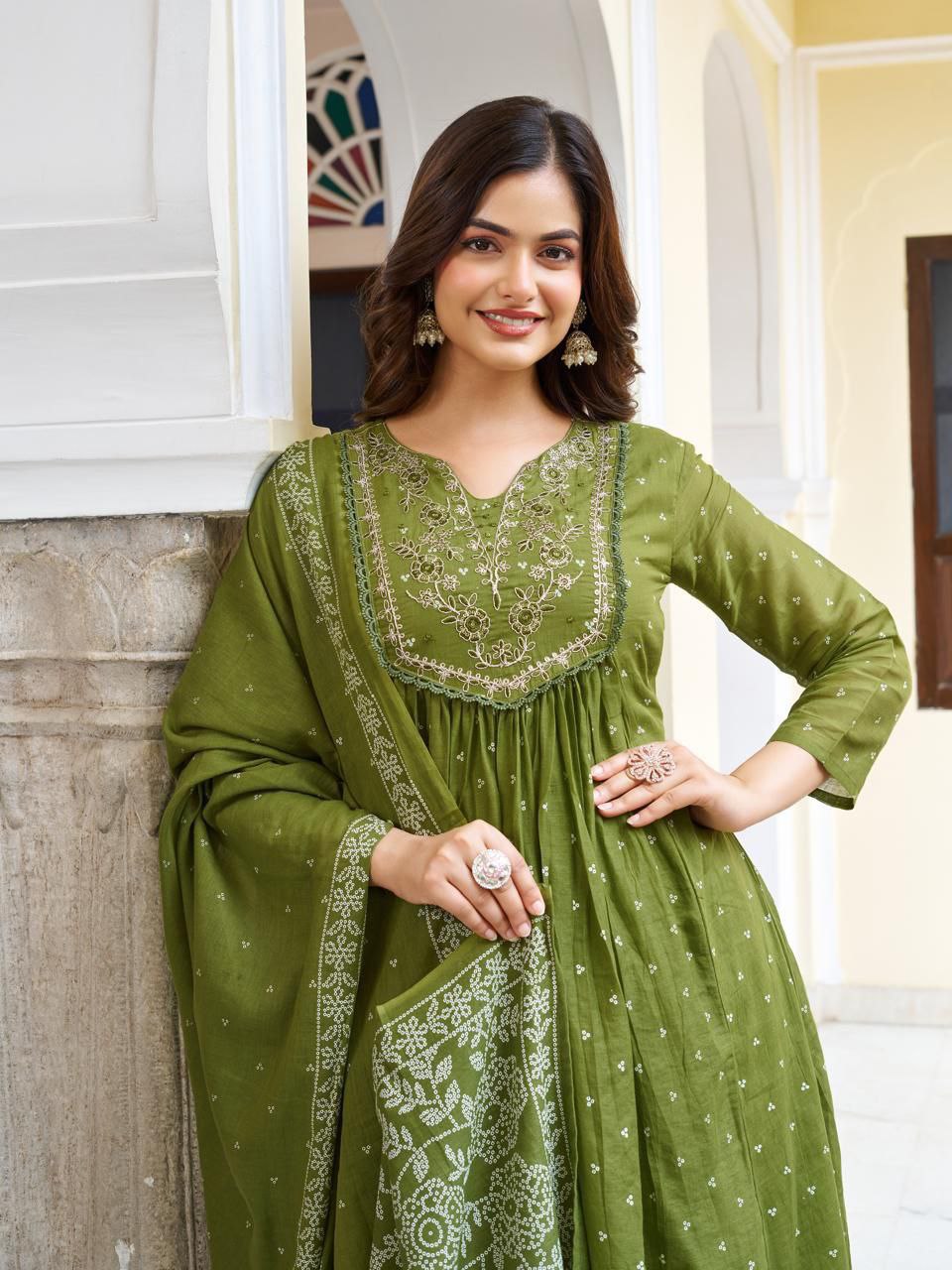 Elegant Olive Green Embroidered Anarkali Suit Set