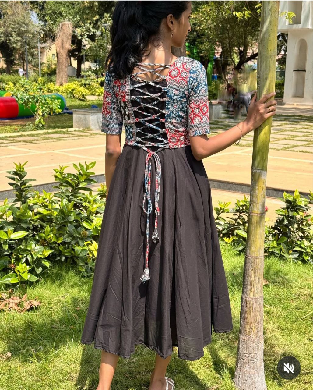 Boho Chic Printed Patchwork Midi Dress with Flared Skirt