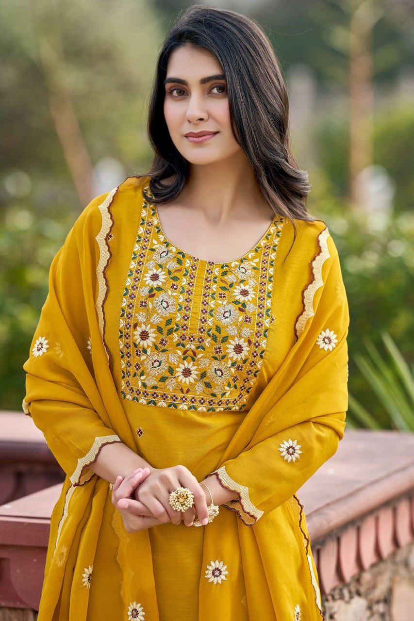Mustard Yellow Embroidered Straight Kurta Set with Dupatta