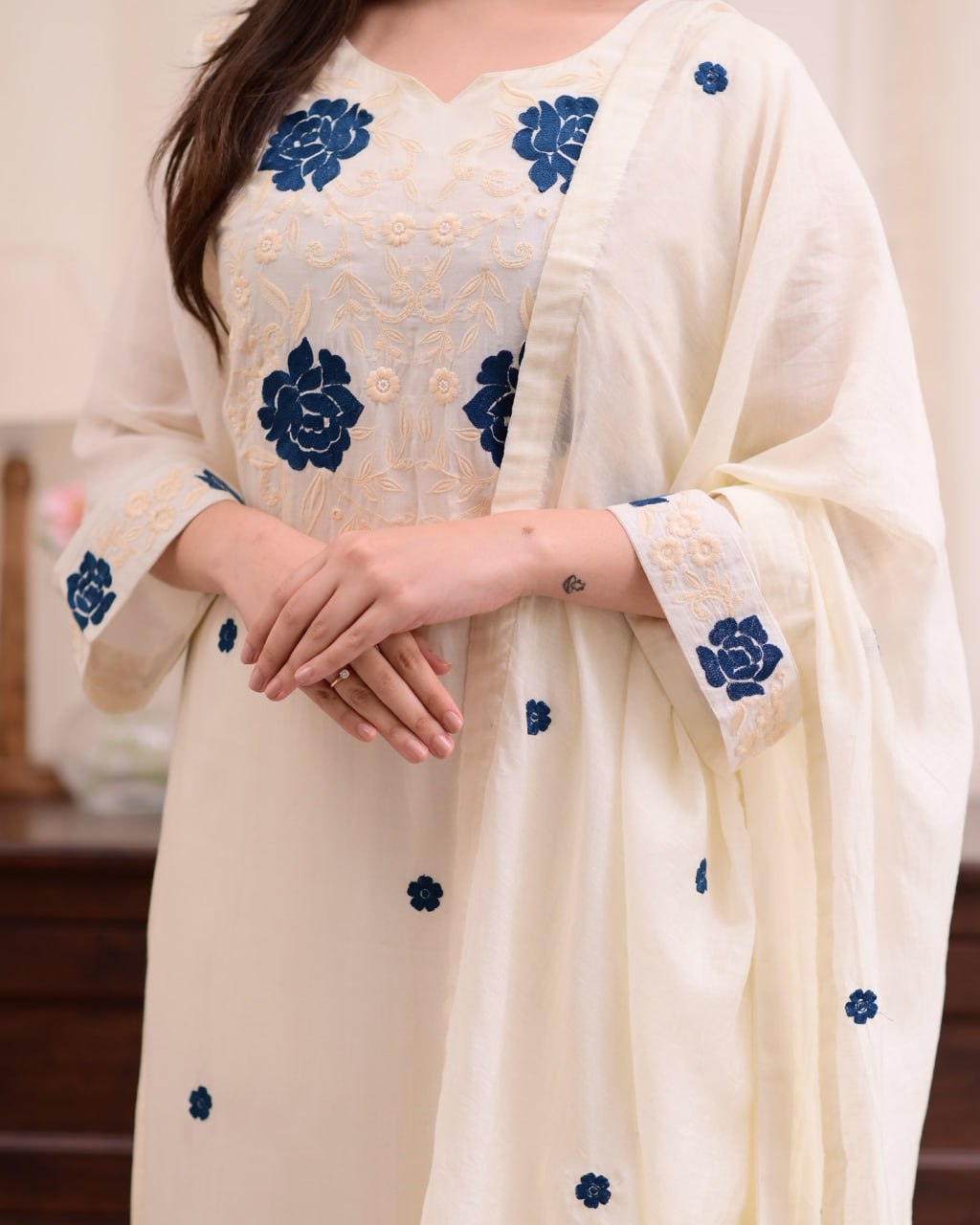 Cream Kurta with Blue Floral Embroidery & Dupatta