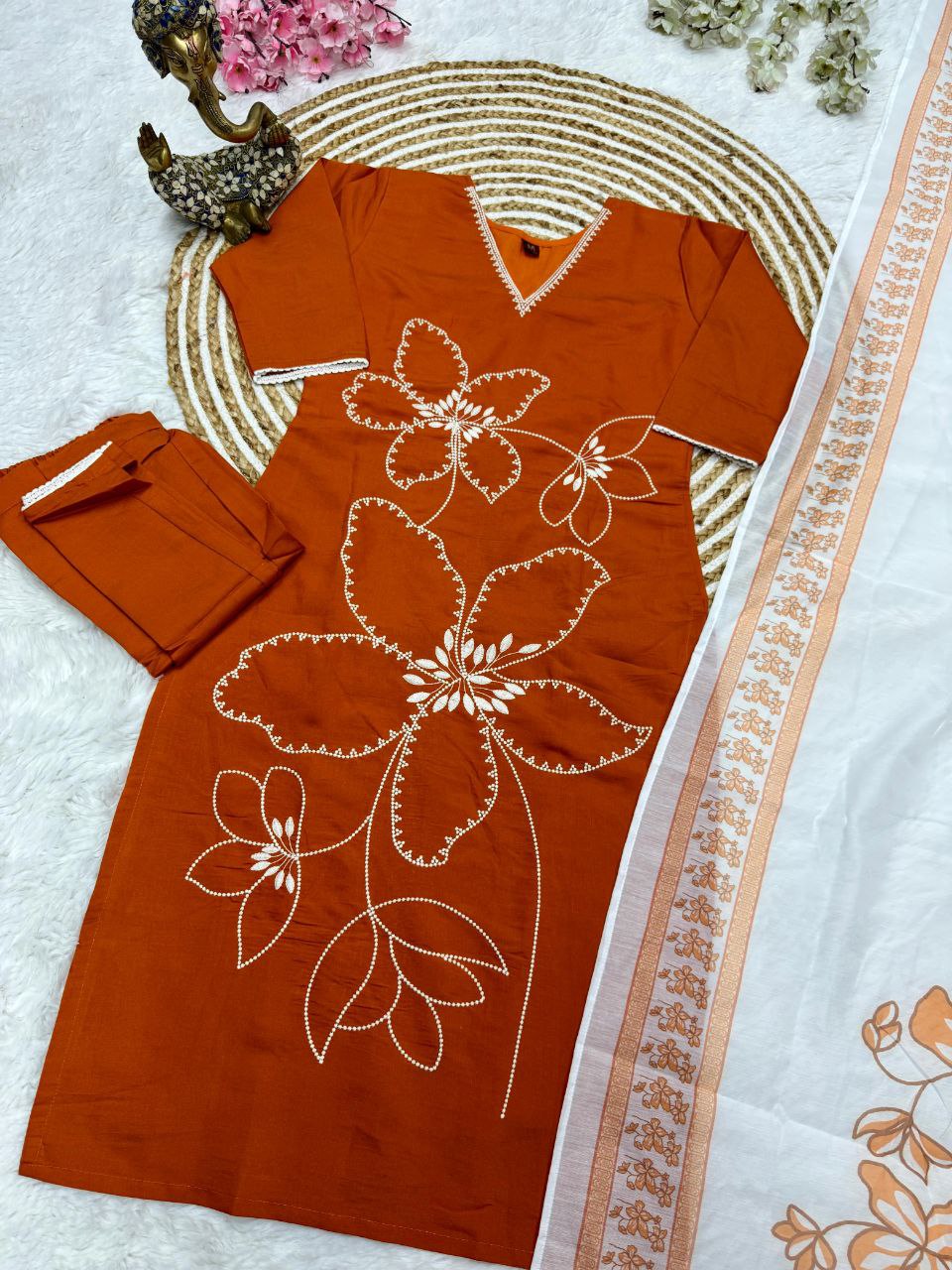 Rust Orange Cotton Kurti Set with White Dupatta