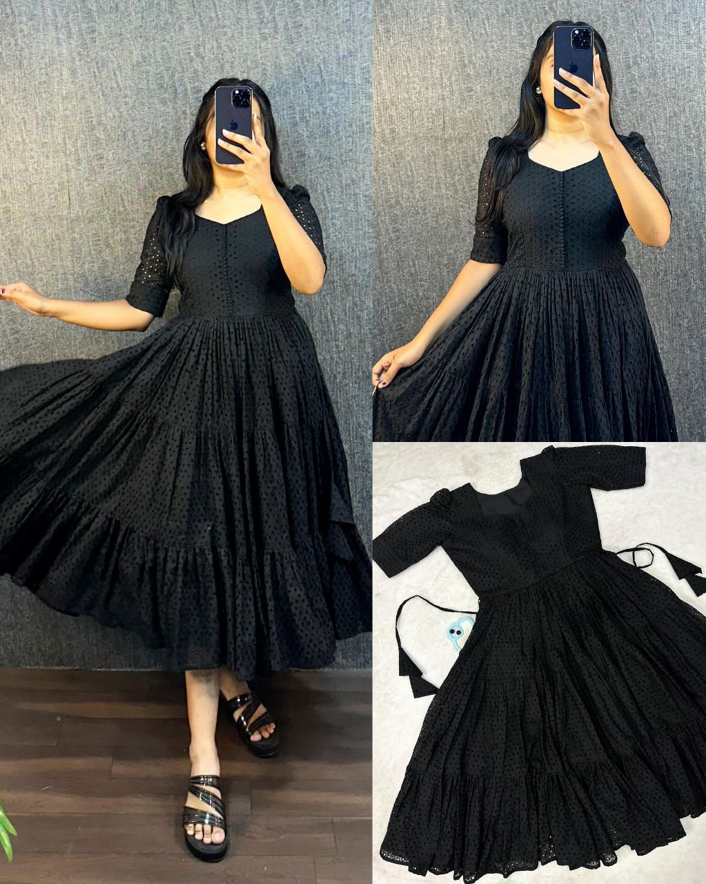 Black Eyelet Cotton Midi Dress