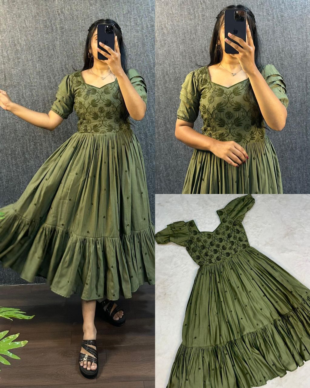 Olive Green Embroidered Flared Midi Dress
