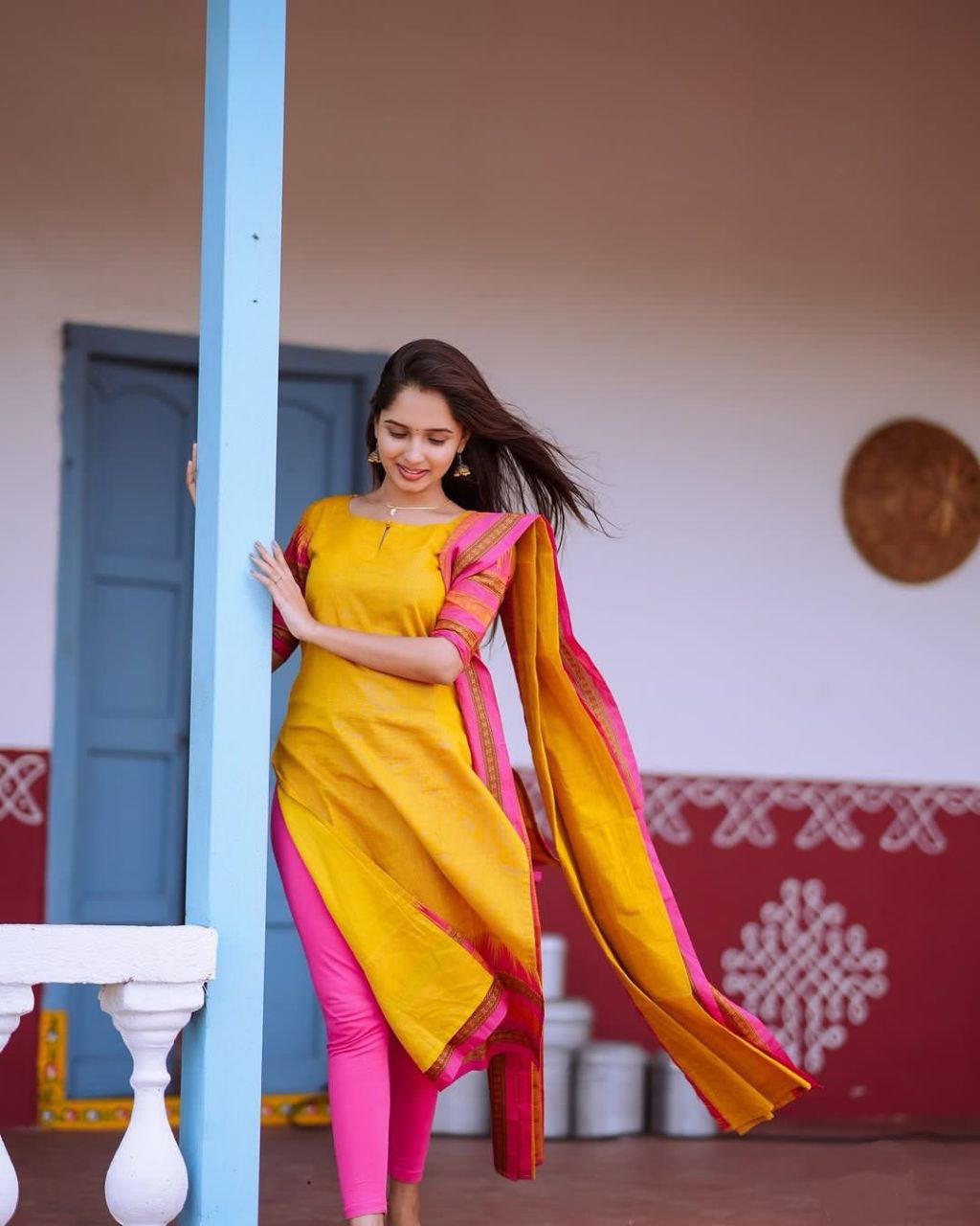 Yellow Cotton Kurti with Pink & Black Banarasi Border Dupatta Set