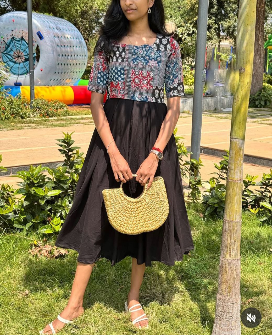 Boho Chic Printed Patchwork Midi Dress with Flared Skirt