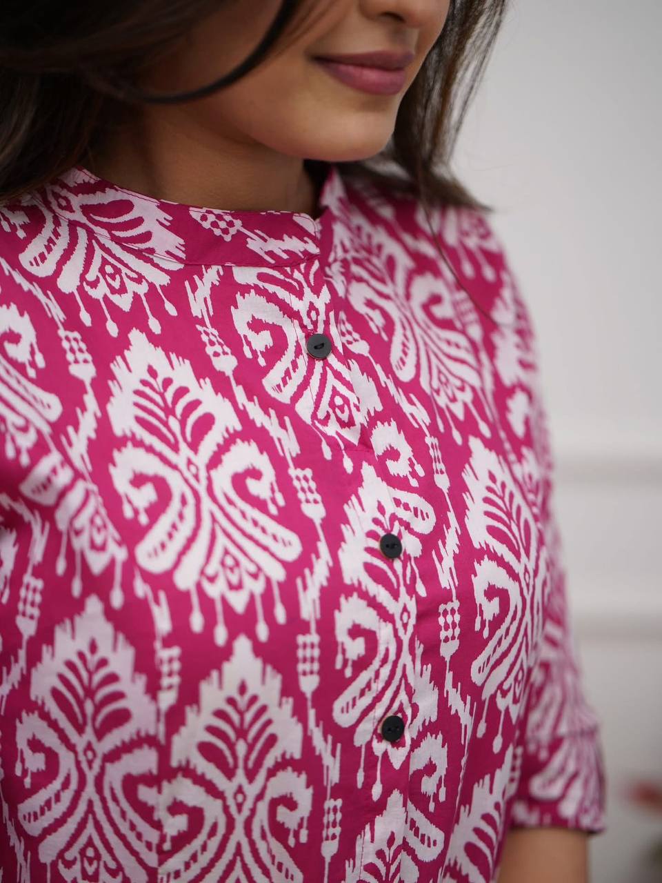 Magenta Ikat Print Button-Down Kurta Set