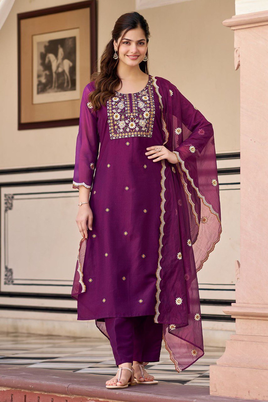 Plum Purple Embroidered Straight Kurta Set with Dupatta