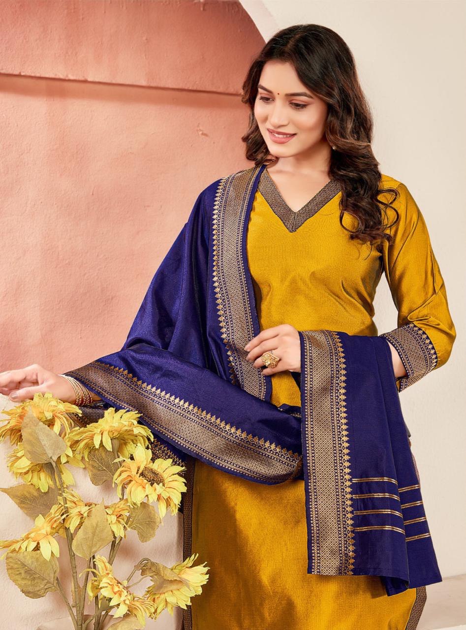 Mustard Yellow Straight Kurta Set with Blue Dupatta