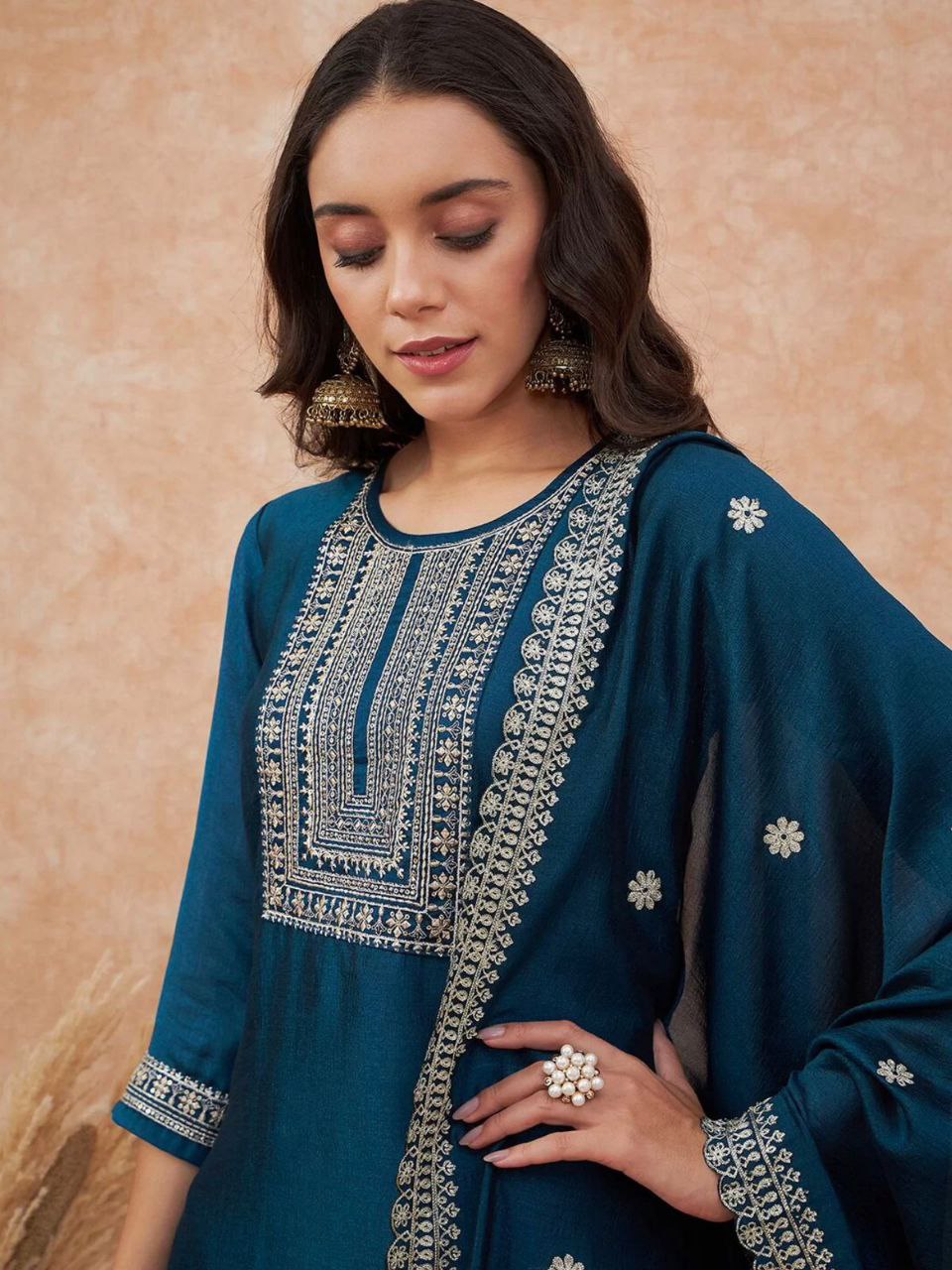 teal blue embroidered salwar suit set