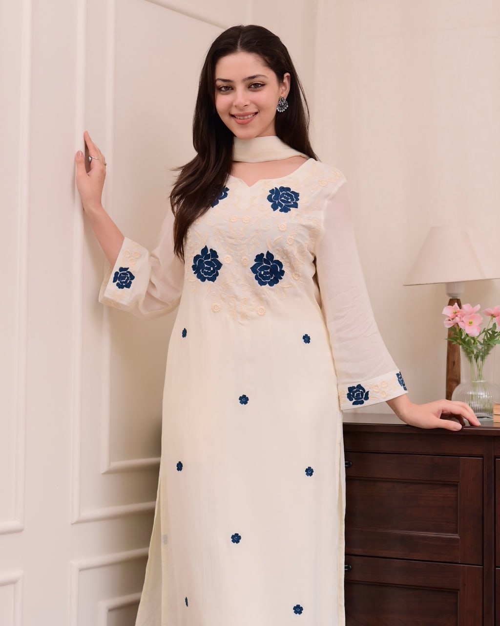 Cream Kurta with Blue Floral Embroidery & Dupatta