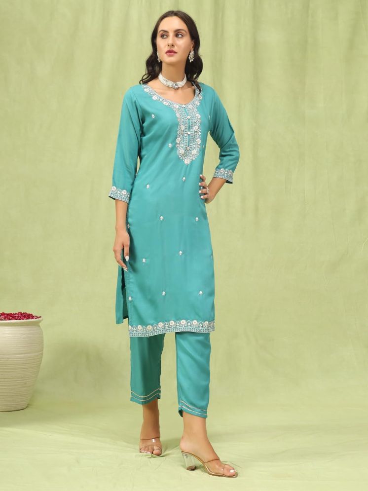 Teal Blue Embroidered Straight Kurta Set with Printed Dupatta
