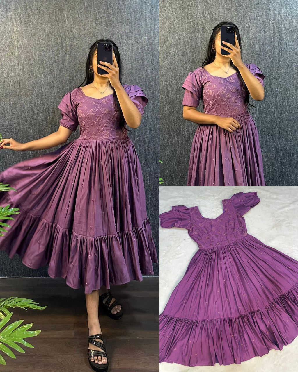 Lavender Purple Embroidered Pleated Sleeve Flared Midi Dress