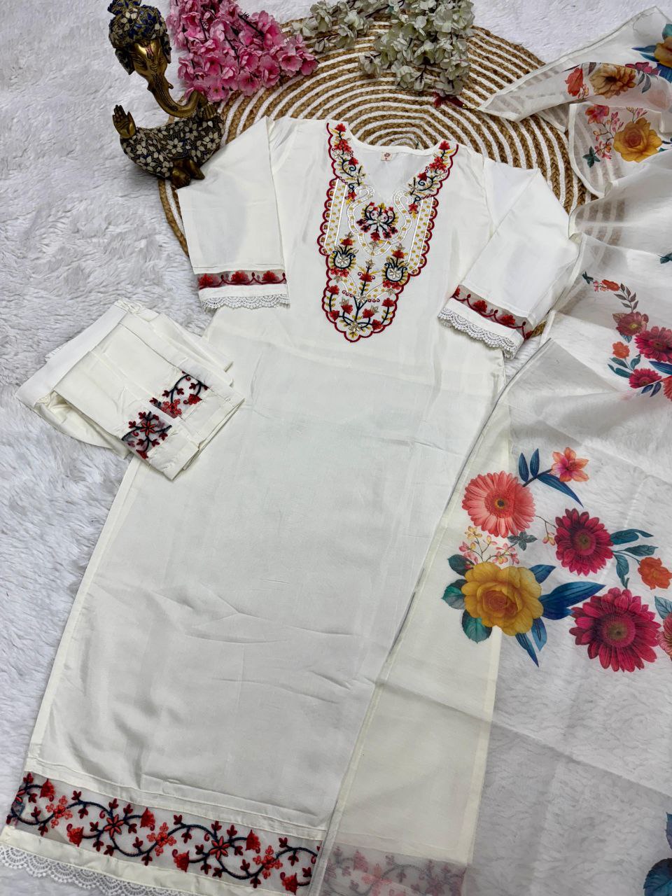 Elegant Cream Embroidered Straight Kurta with Floral Dupatta & Pants Set