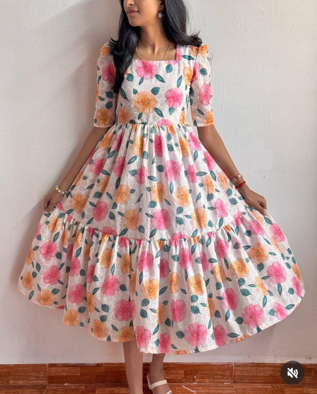 White Floral Eyelet Embroidered Tiered Midi Dress