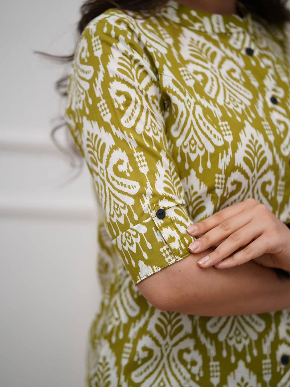 Olive Green Ikat Print Button-Down Kurta Set