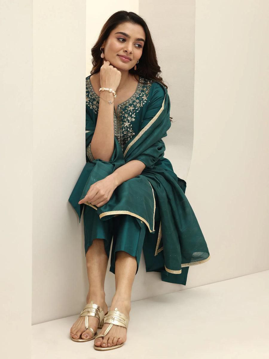 teal green embroidered salwar suit set (3-piece set)