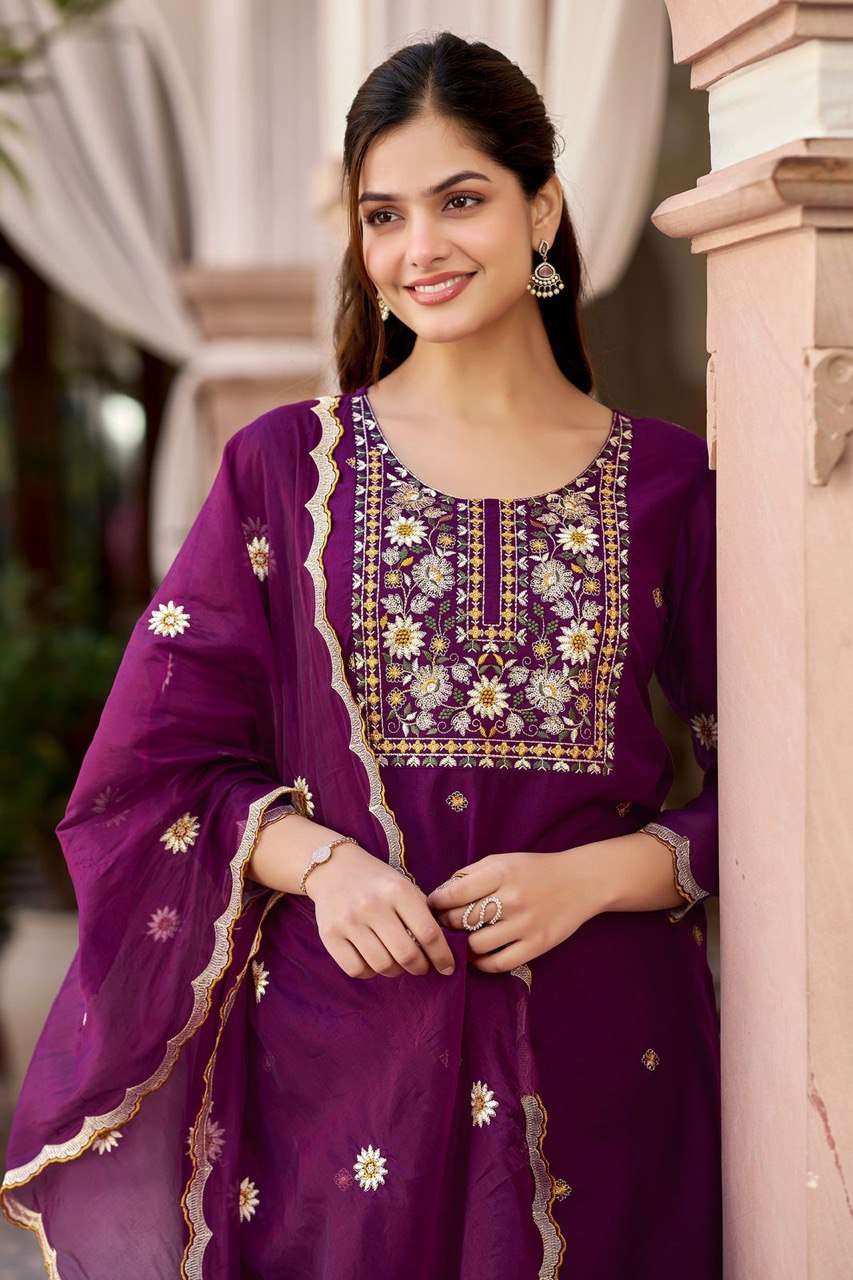 Plum Purple Embroidered Straight Kurta Set with Dupatta