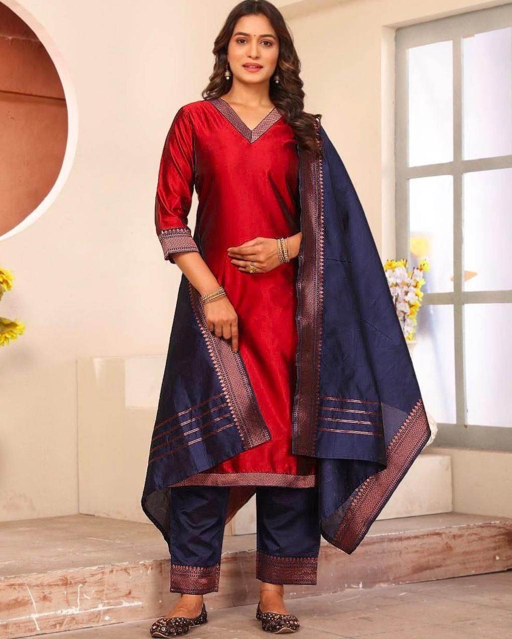 Maroon Straight Kurta Set with Blue Dupatta