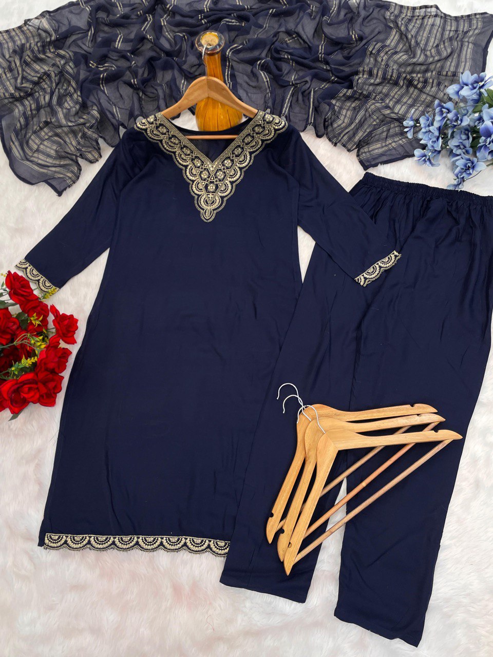 navy blue embroidered kurta set with dupatta