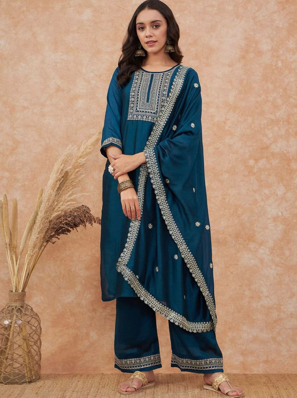 teal blue embroidered salwar suit set