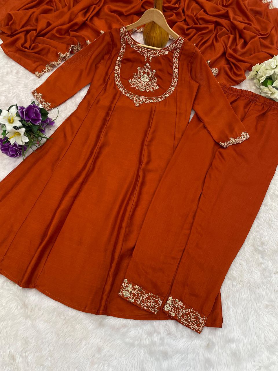 Rust Orange Embroidered Kurta Set with Pants and Dupatta