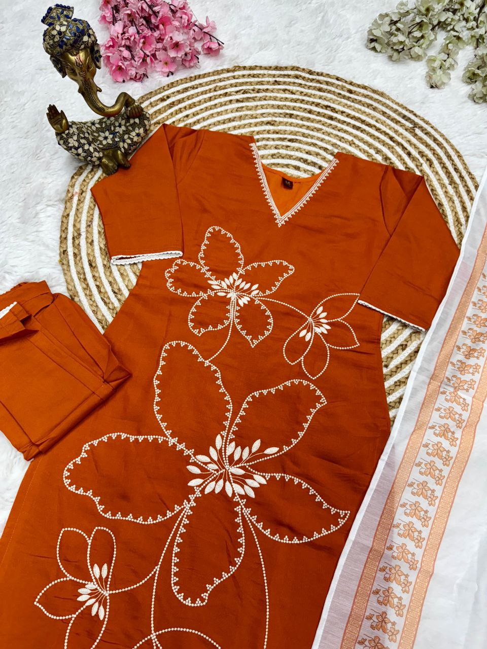 Rust Orange Cotton Kurti Set with White Dupatta
