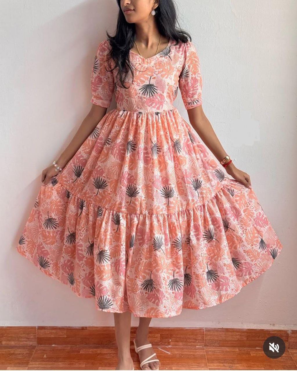 Peach Floral Printed Tiered Midi Dress