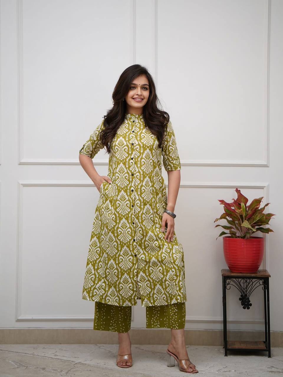Olive Green Ikat Print Button-Down Kurta Set