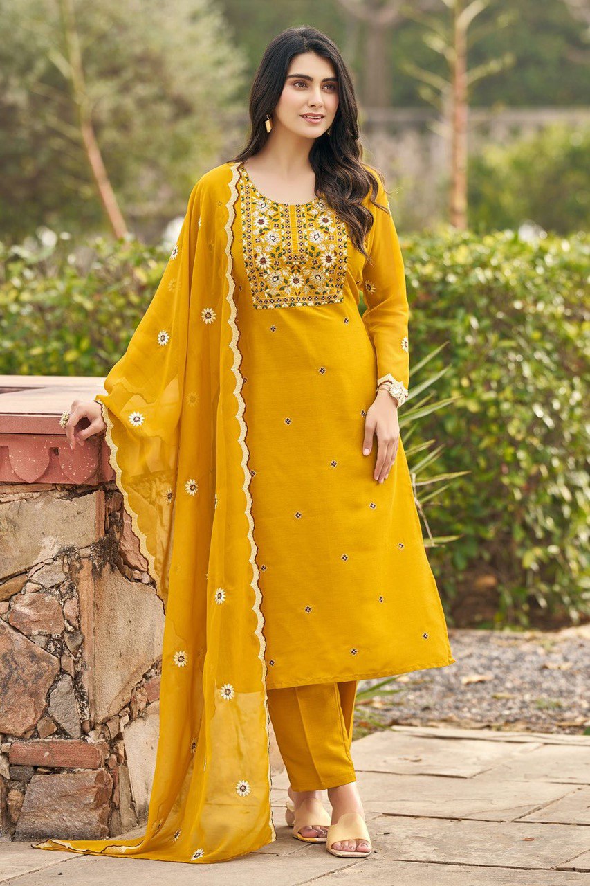 Mustard Yellow Embroidered Straight Kurta Set with Dupatta