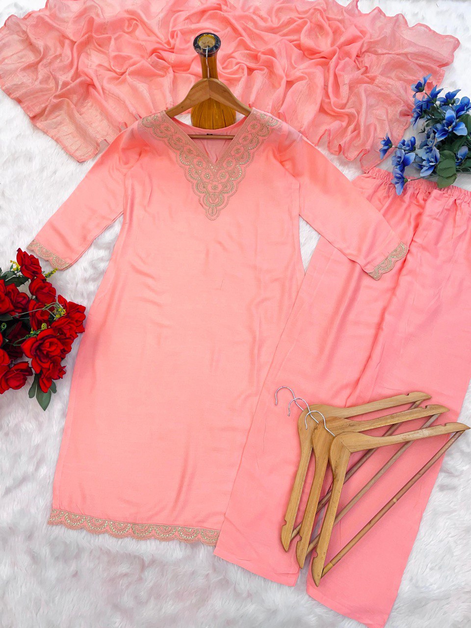 Peach Pink Embroidered Kurta Set with Dupatta