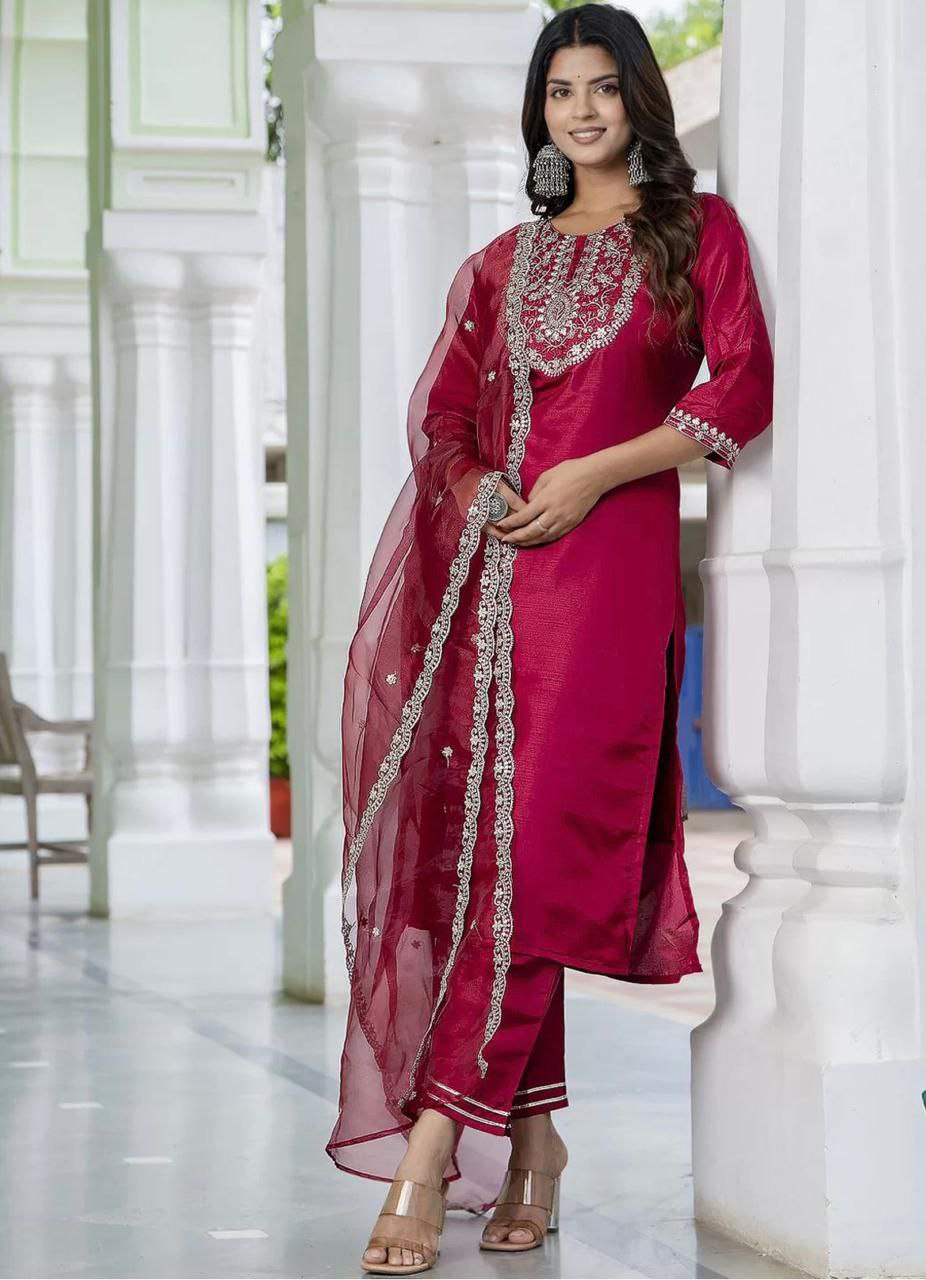 Maroon Embroidered Kurta Set with Pants and Dupatta
