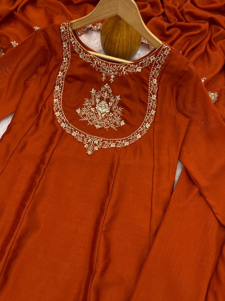 Rust Orange Embroidered Kurta Set with Pants and Dupatta
