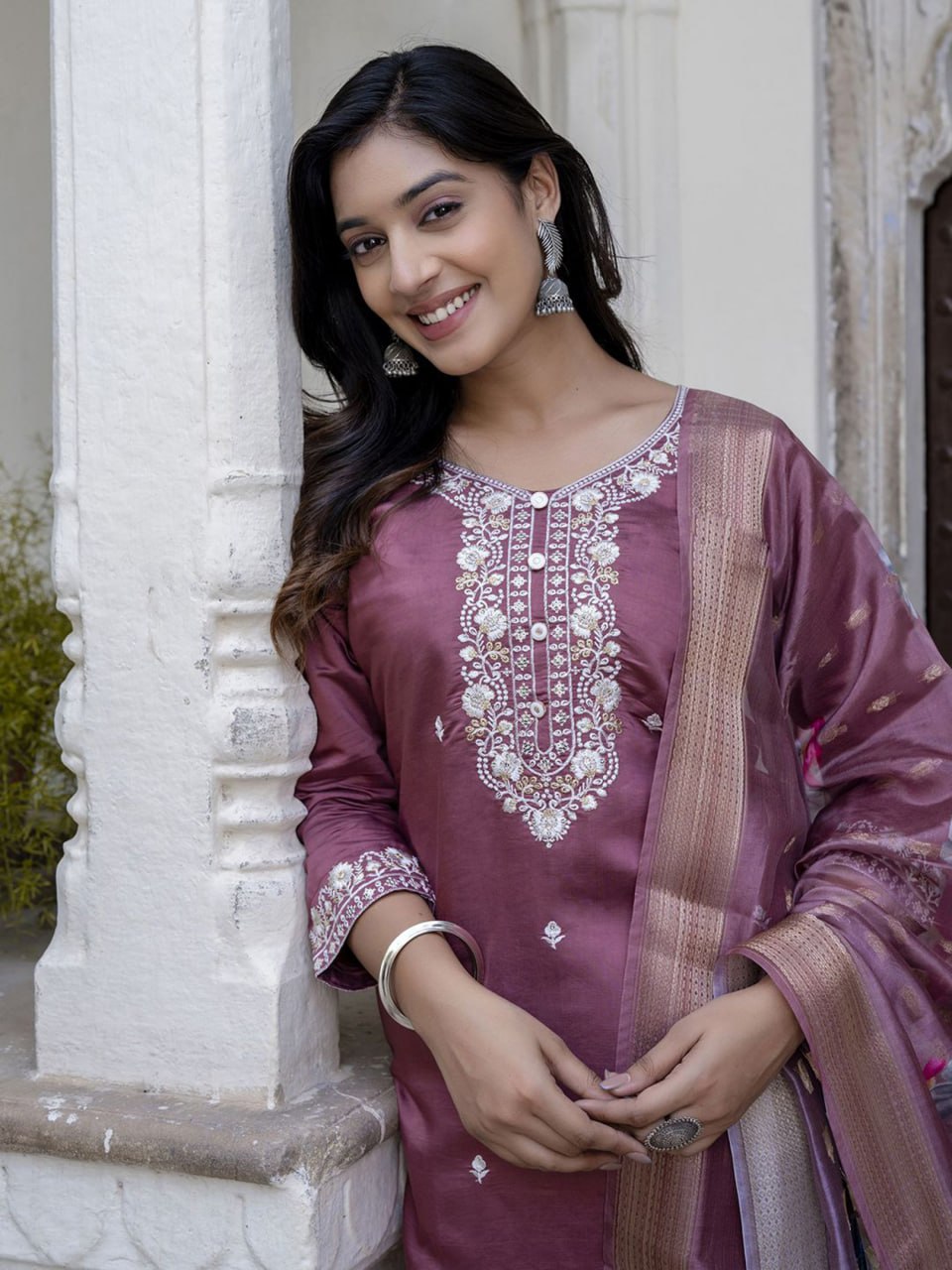 Mauve Embroidered Kurta Set with Floral Dupatta