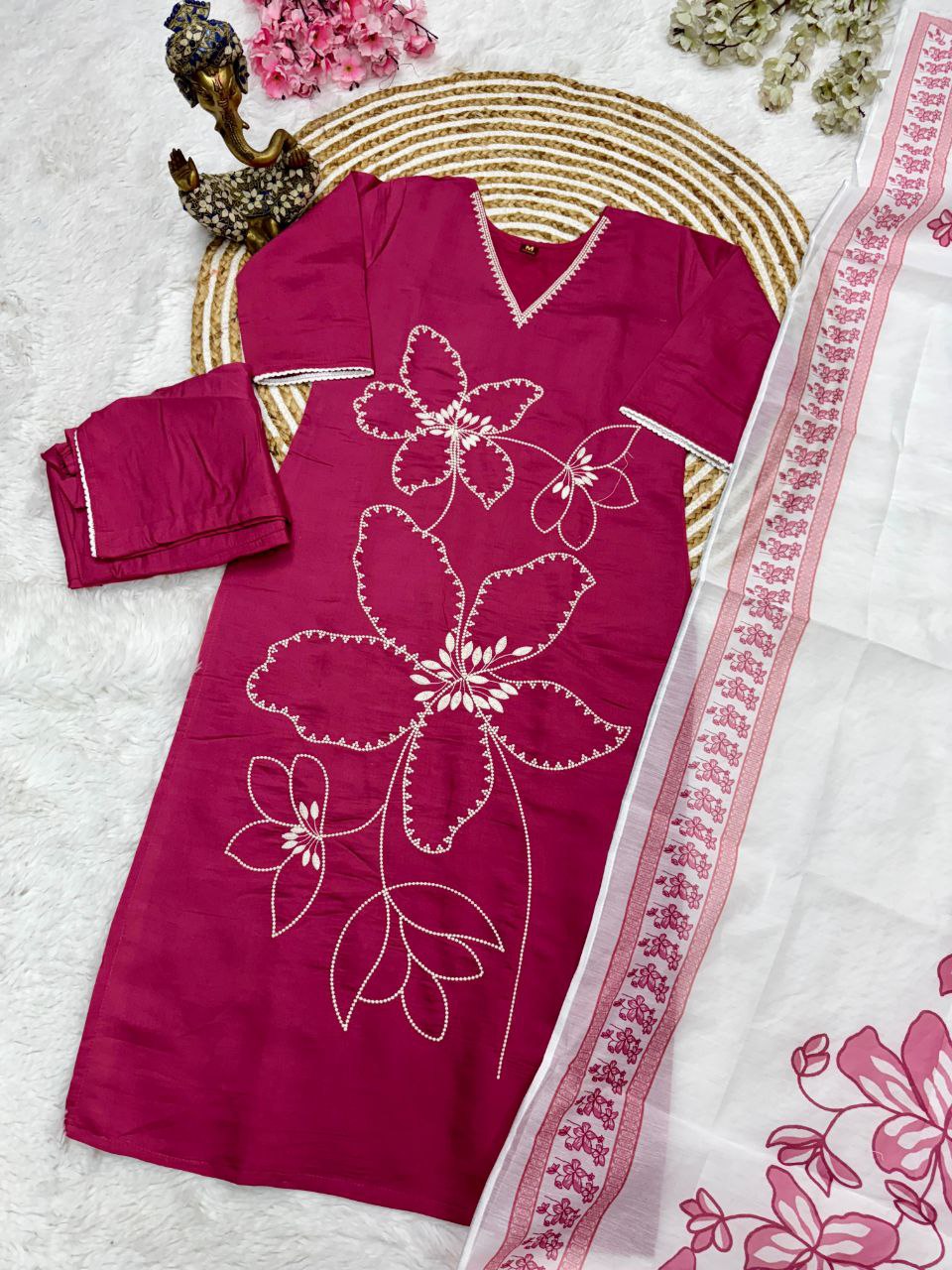 Magenta Cotton Embroidered Kurta with Printed Dupatta & Pants Set