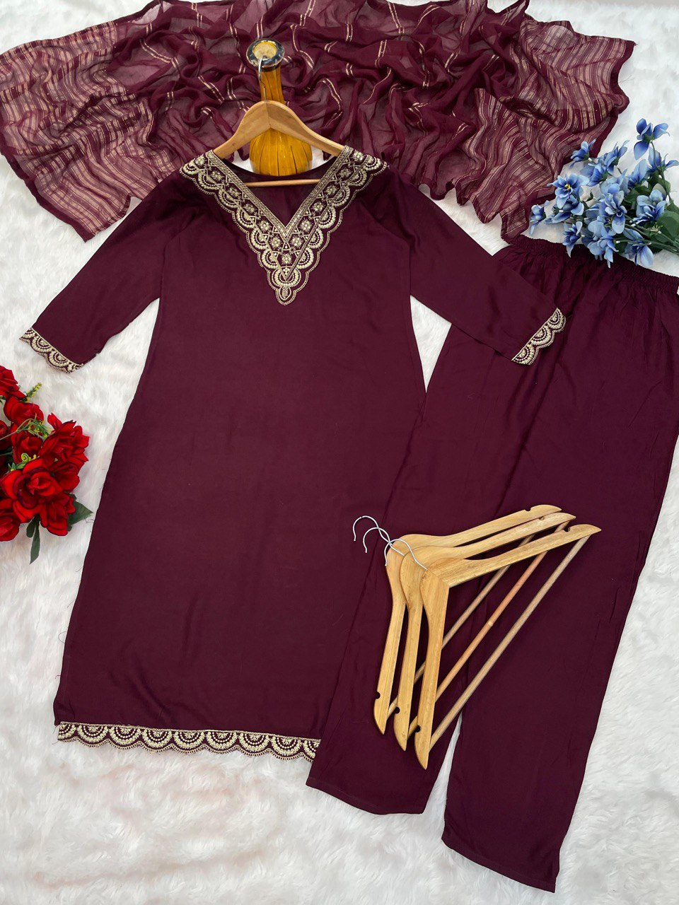 Maroon Embroidered Kurta Set with Dupatta