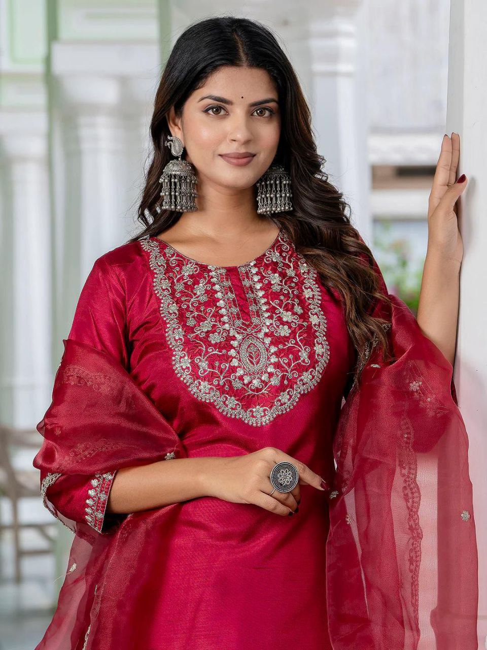 Maroon Embroidered Kurta Set with Pants and Dupatta
