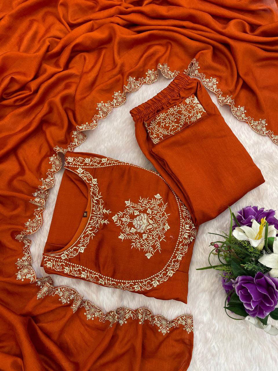 Rust Orange Embroidered Kurta Set with Pants and Dupatta