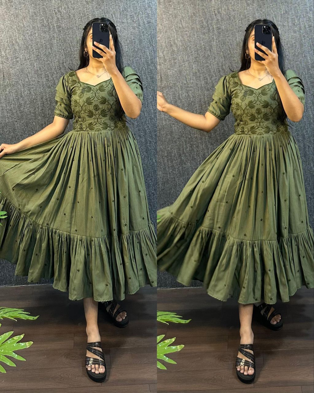 Olive Green Embroidered Flared Midi Dress