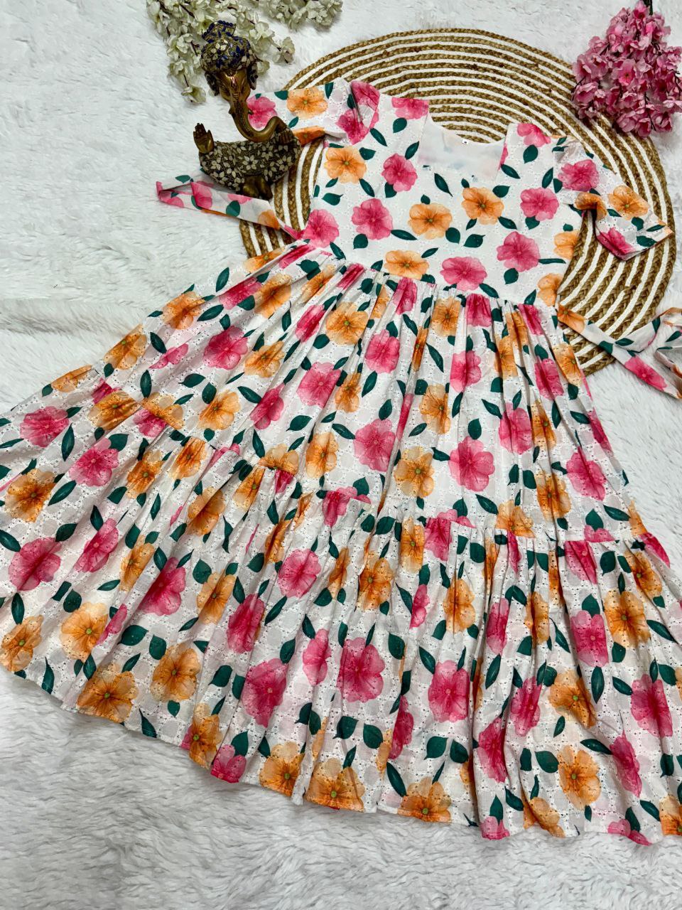White Floral Printed Eyelet Cotton Tiered Midi Dress