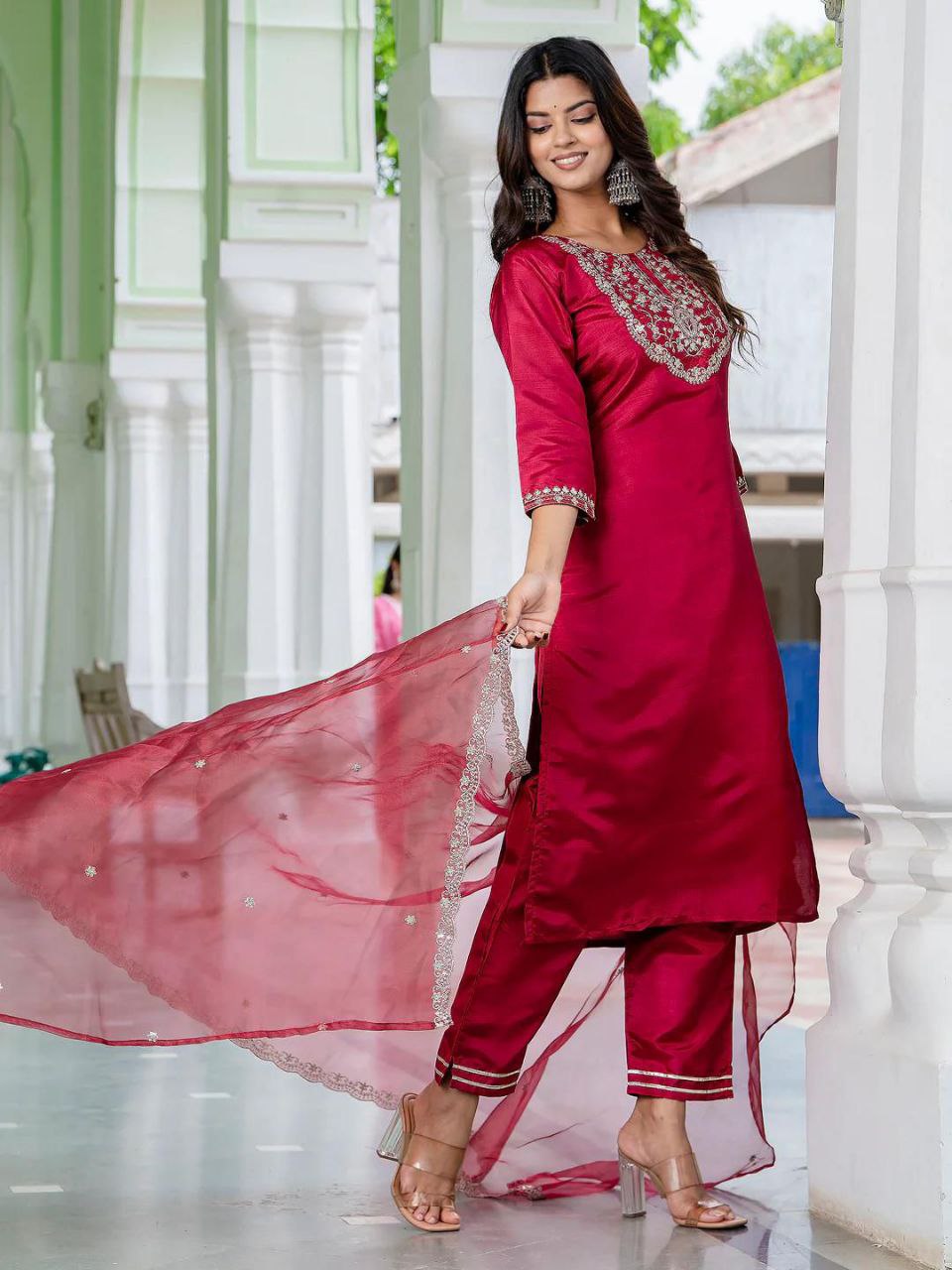 Maroon Embroidered Kurta Set with Pants and Dupatta