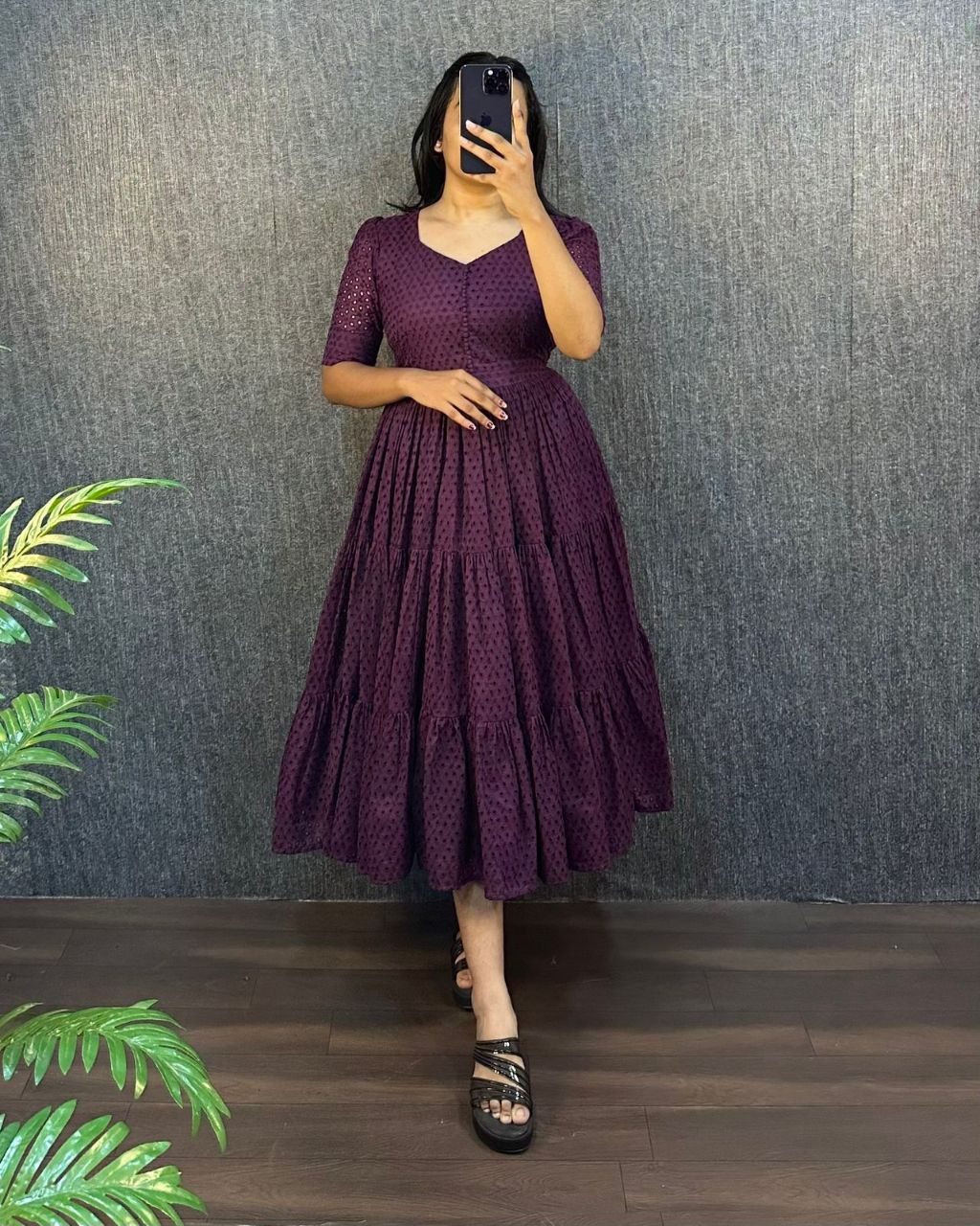 Wine Eyelet Cotton Midi Dress