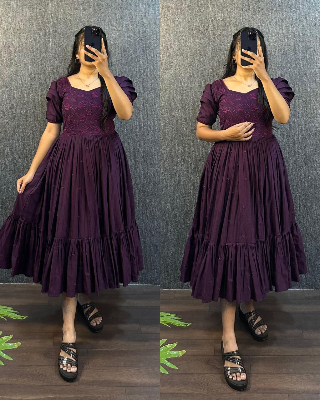 Purpal Embroidered Pleated Sleeve Flared Midi Dress