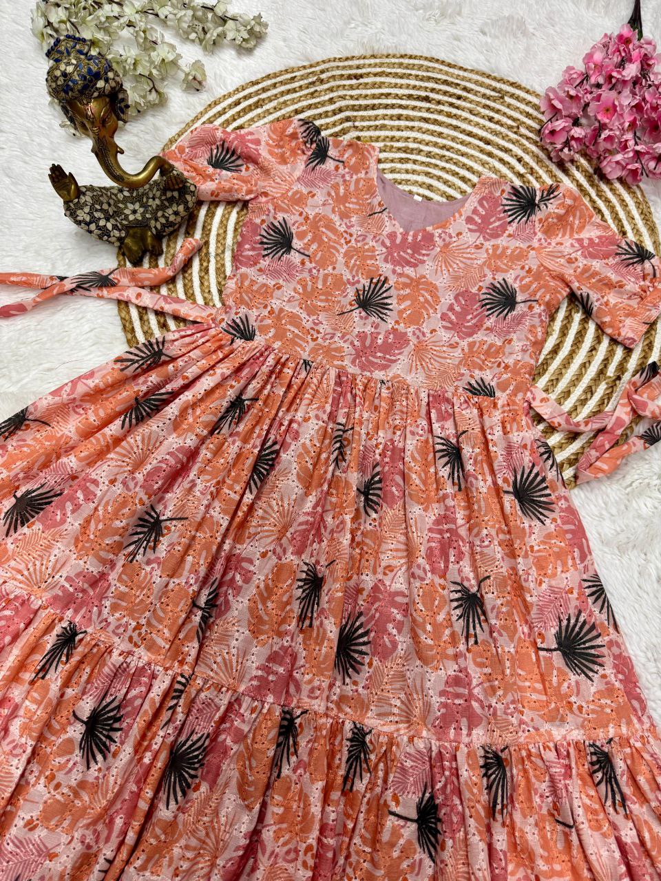 Peach Tropical Leaf Print Tiered Midi Dress