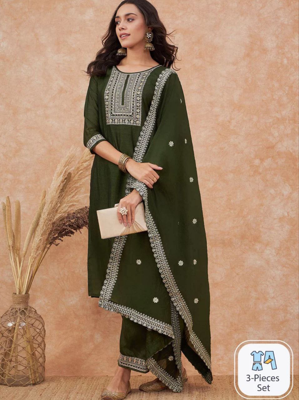 dark green embroidered salwar suit set (3-piece set)