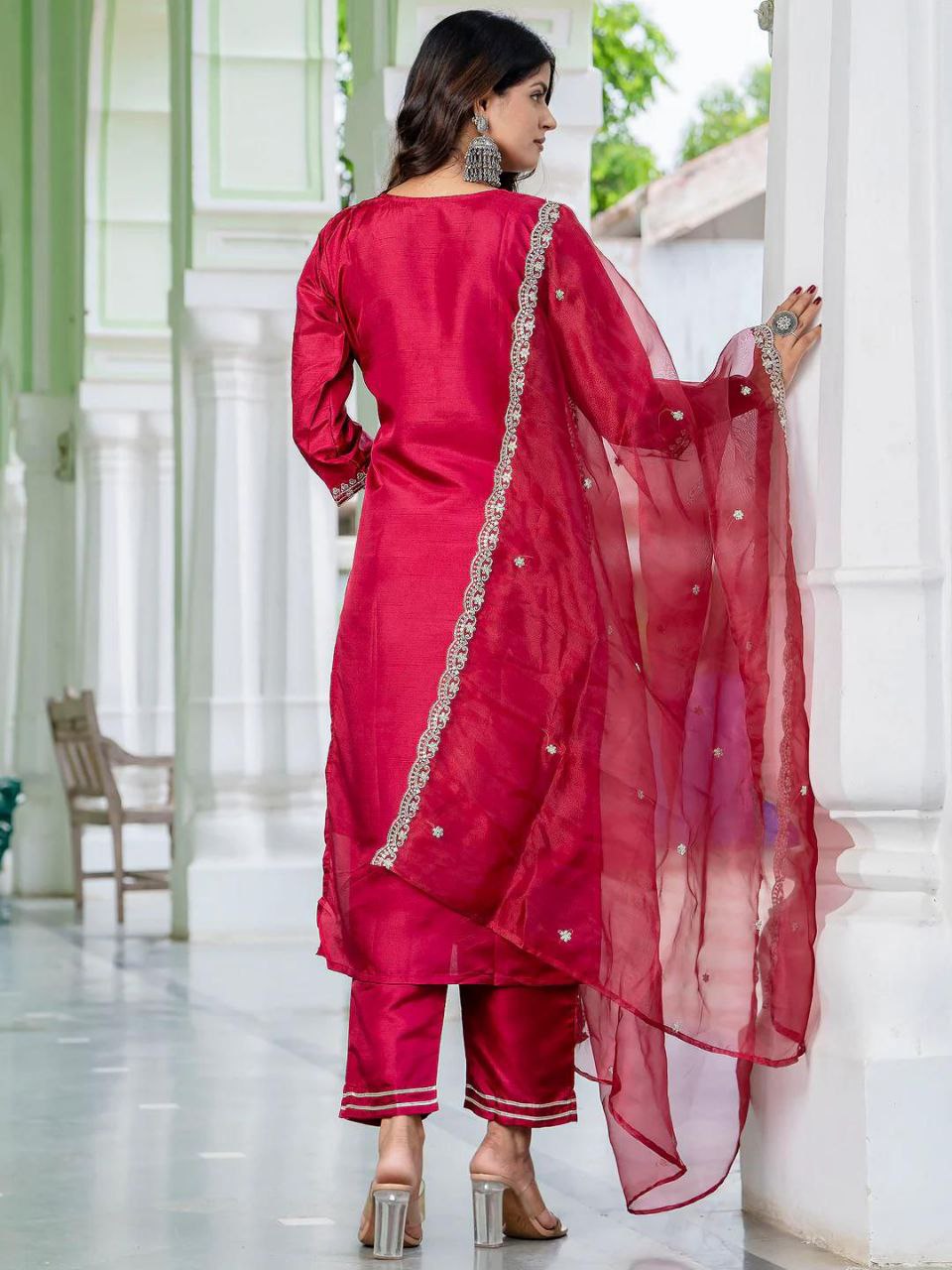 Maroon Embroidered Kurta Set with Pants and Dupatta