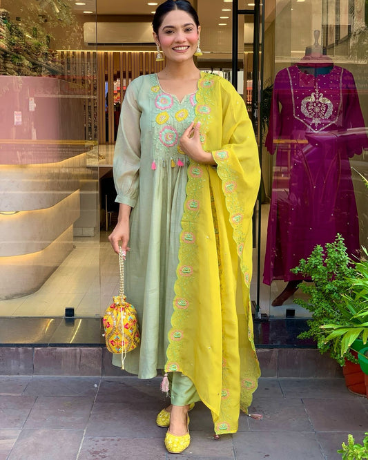 Pastel Green Embroidered Kurta Set with Yellow Dupatta