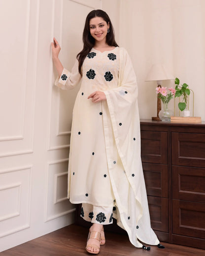 Cream Embroidered Kurta Set with Dupatta & Palazzo Pants