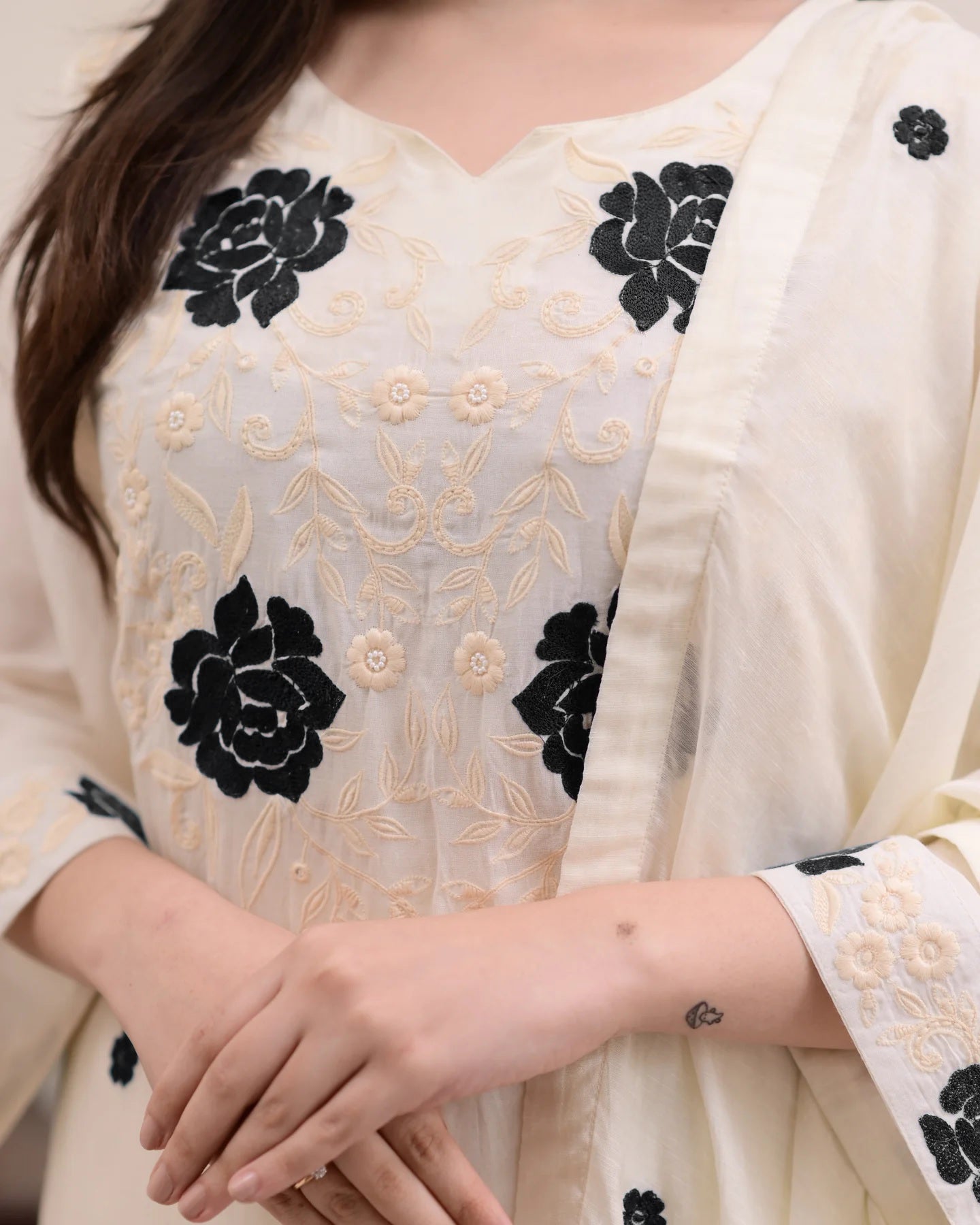 Cream Embroidered Kurta Set with Dupatta & Palazzo Pants